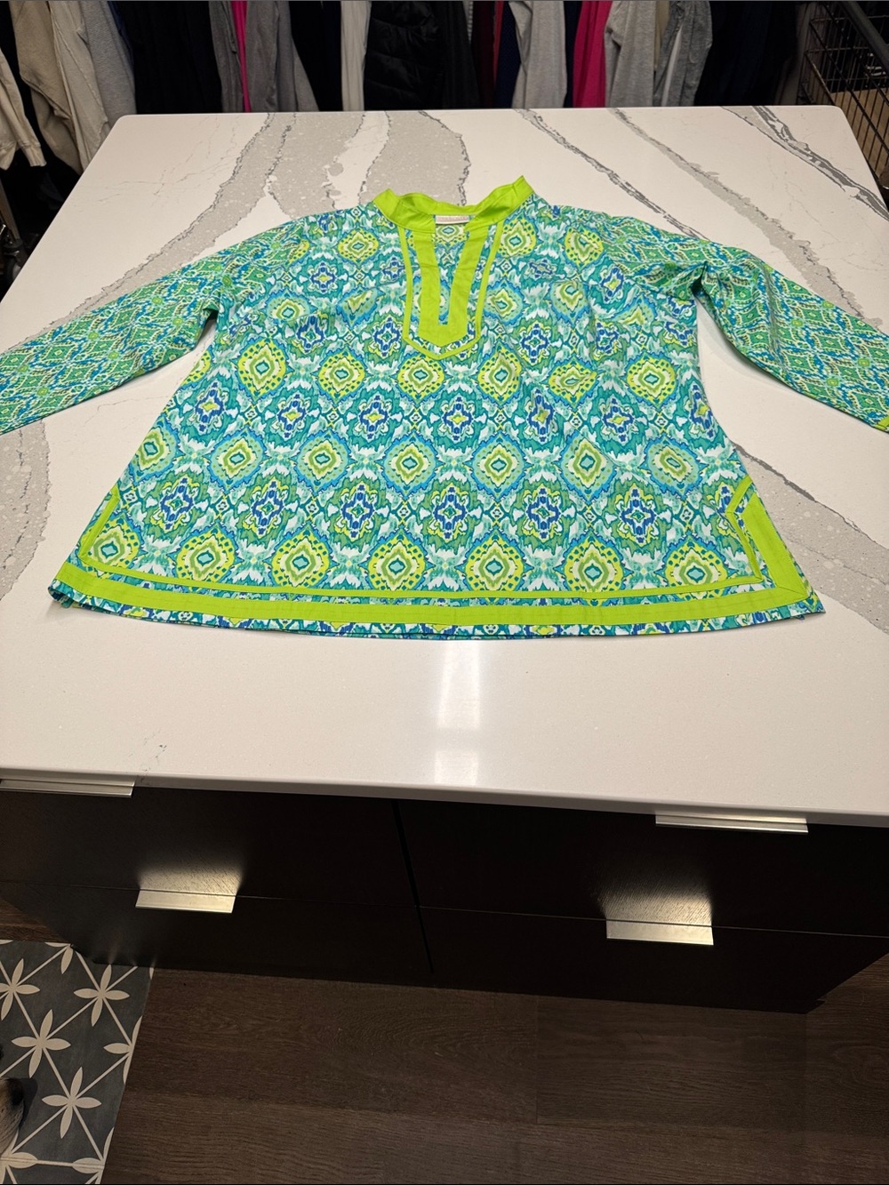 Kim Gravel Teal and Lime Ikat Long Sleeve Tunic Never Worn Very Comfy 2X